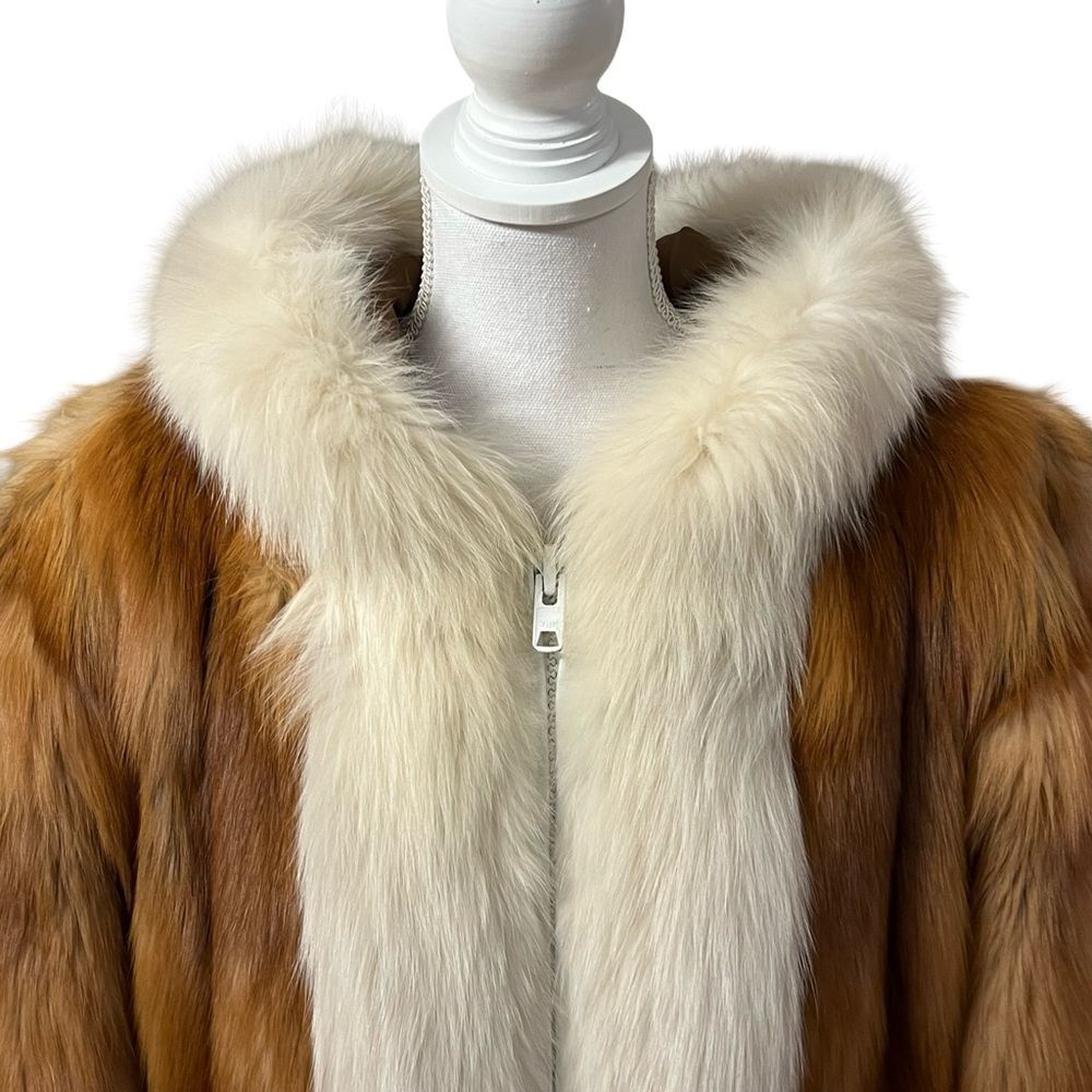 Red Fox Fur Parka Jacket White Fox Trim Size M Genuine Fur Womens Full Zip - Picture 3 of 9